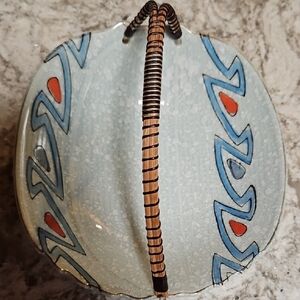 Japanese Hand Painted Ceramic Handled Bowl with Speckled Shiny Glaze